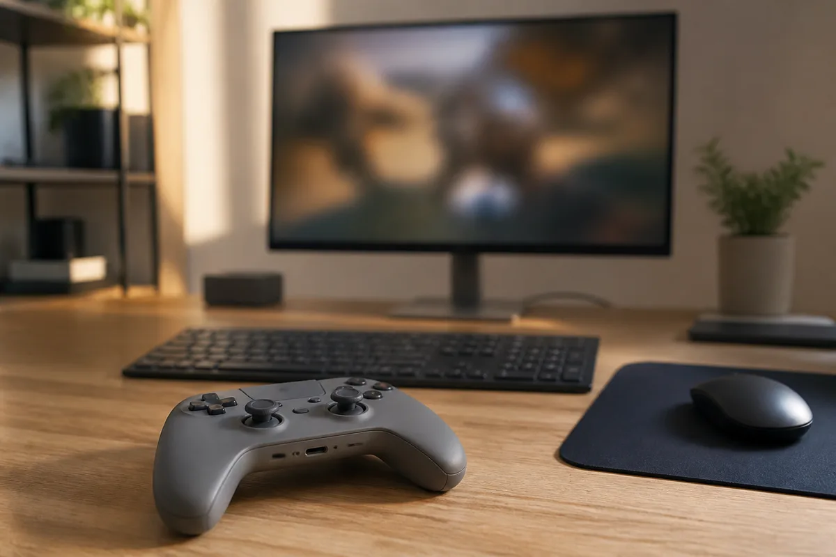 Manette de jeu posée sur un bureau devant un écran de PC allumé