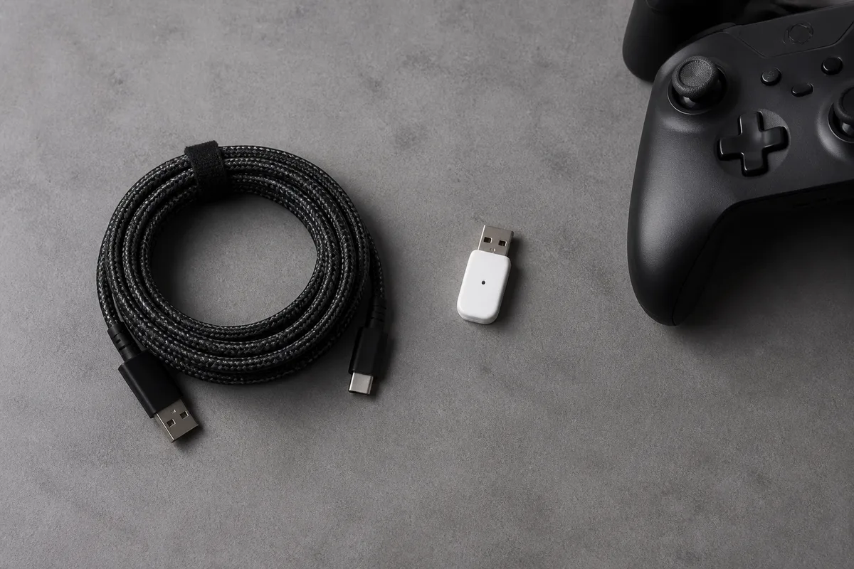 Câble USB et petit dongle radio posés à côté d’une manette de jeu